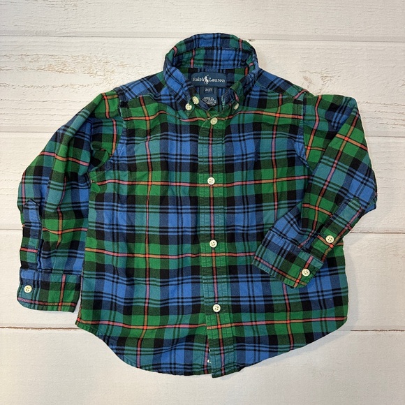 Ralph Lauren Boys Tartan Plaid Blue Green Long Sleeve Collared Shirt Pony 2 / 2T - Picture 1 of 6